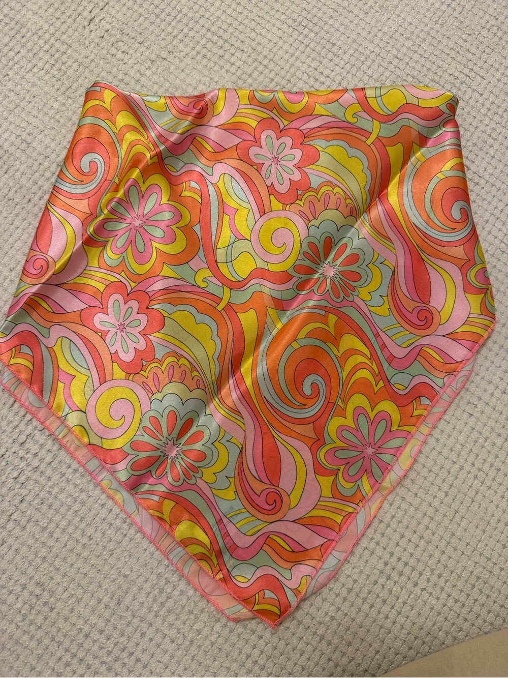 Frankies Bikinis Vibrant Retro Floral Silk Scarf - Pink, Orange & Yellow
